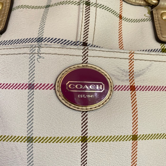 Coach Peyton Tattersall Plaid Cream Leather Tote - Picture 4 of 14